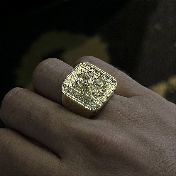 ANEL SÃO JORGE CRAVEJADO EM ZIRCÔNIA  PREMIUM - FEITO DE MOEDA ANTIGA