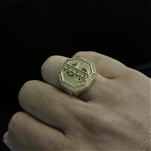 ANEL CIFRÃO CRAVEJADO EM ZIRCÔNIA - FEITO DE MOEDA ANTIGA