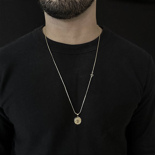 CORRENTE RABO DE RATO  (1.8MM - 60cm ou 70cm) + PINGENTE SÃO BENTO  - BANHADO A OURO 18k