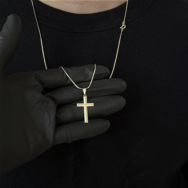 CORRENTE RABO DE RATO  (1.8MM - 60cm ou 70cm) + PINGENTE CRUZ CHAPA   - BANHADO A OURO 18k