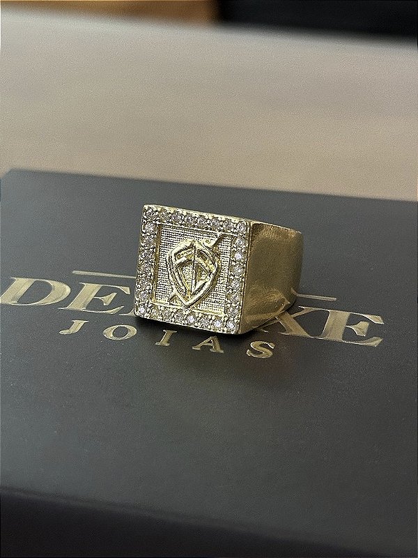 ANEL ESCUDO DA FÉ CRAVEJADO EM ZIRCÔNIA - FEITO DE MOEDA ANTIGA