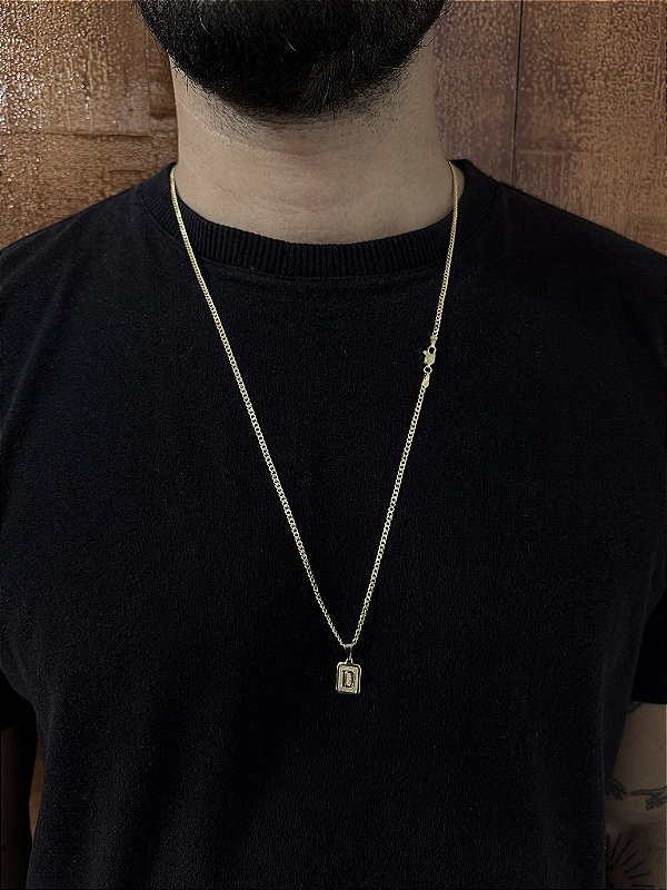 CORRENTE GRUMET 2mm - 70 ou 60cm + PINGENTE PLAQUINHA ESCOLHA A LETRA - BANHADO A OURO 18k