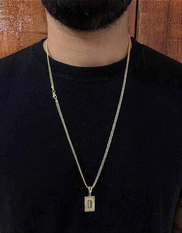 CORRENTE LACRAIA -  2mm - 70 ou 60cm + PINGENTE PLACA DIAMANTADA 2x1,2cm   ESCOLHA A LETRA - BANHADO A OURO 18k