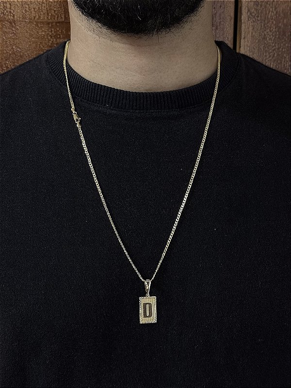 CORRENTE GRUMET -  2mm - 70 ou 60cm + PINGENTE PLACA DIAMANTADA 2x1,2cm   ESCOLHA A LETRA - BANHADO A OURO 18k