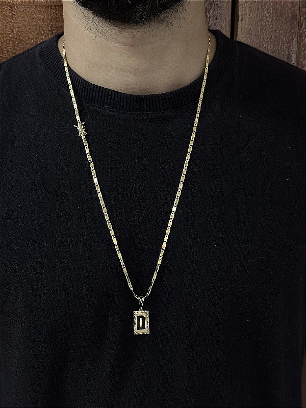 CORRENTE PIASTRINE  -  4mm - 70 ou 60cm + PINGENTE PLACA DIAMANTADA 2x1,2cm   ESCOLHA A LETRA - BANHADO A OURO 18k
