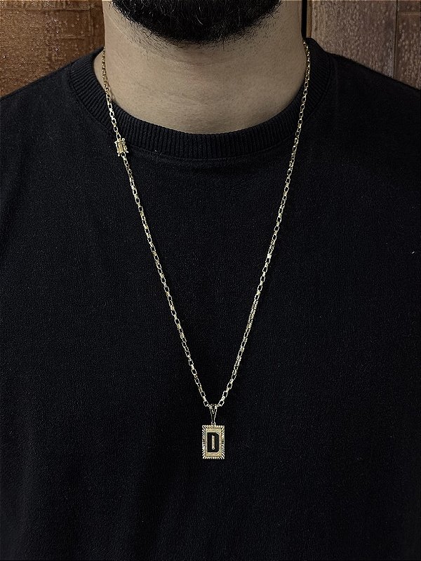 CORRENTE TIJOLINHO  -  3mm - 70 ou 60cm + PINGENTE PLACA DIAMANTADA 2x1,2cm   ESCOLHA A LETRA - BANHADO A OURO 18k