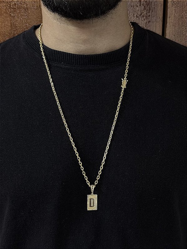 CORRENTE CADEADO  -  3mm - 70 ou 60cm + PINGENTE PLACA DIAMANTADA 2x1,2cm   ESCOLHA A LETRA - BANHADO A OURO 18k