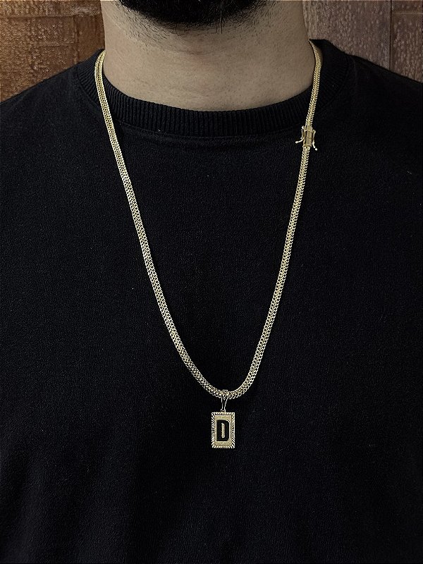 CORRENTE GRUMET DUPLA -  4mm - 70 ou 60cm + PINGENTE PLACA DIAMANTADA 2x1,2cm   ESCOLHA A LETRA - BANHADO A OURO 18k