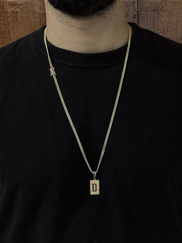 CORRENTE LACRAIA -  2mm - 70 ou 60cm + PINGENTE PLACA DIAMANTADA 2x1,2cm   ESCOLHA A LETRA - BANHADO A OURO 18k