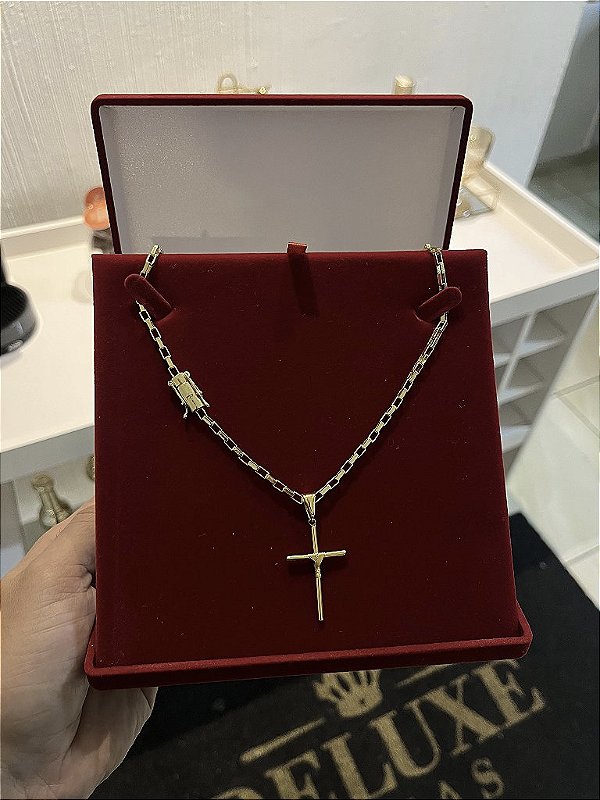 CORRENTE TIJOLINHO ALONGADO  (3MM - 50, 60cm ou 70cm) + PINGENTE CRUZ AMARRADA  - BANHADO A OURO 18k