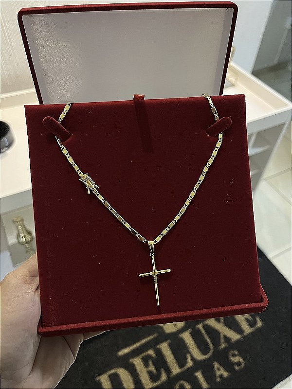 CORRENTE PIASTRINE (4MM - 50, 60cm ou 70cm) + PINGENTE CRUZ AMARRADA  - BANHADO A OURO 18k
