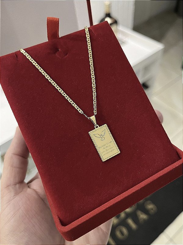 CORRENTE PIASTRINE (2MM - 50, 60cm ou 70cm) + PINGENTE  ESPÍRITO SANTO  - BANHADO A OURO 18k