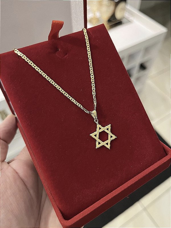 CORRENTE PIASTRINE (2MM - 50, 60cm ou 70cm) + PINGENTE  PLAQUINHA ESTRELA DE DAVI VAZADA - BANHADO A OURO 18k