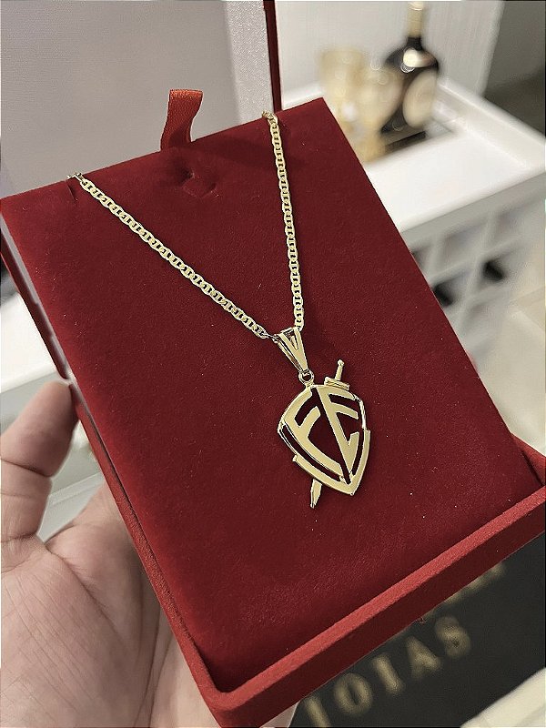 CORRENTE PIASTRINE (2MM - 50, 60cm ou 70cm) + PINGENTE  ESCUDO DA FÉ VAZADO  - BANHADO A OURO 18k
