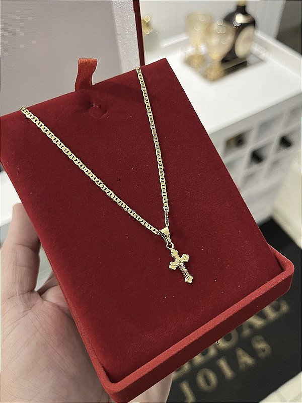 CORRENTE PIASTRINE (2MM - 50, 60cm ou 70cm) + PINGENTE  CRUCIFIXO PP  - BANHADO A OURO 18k