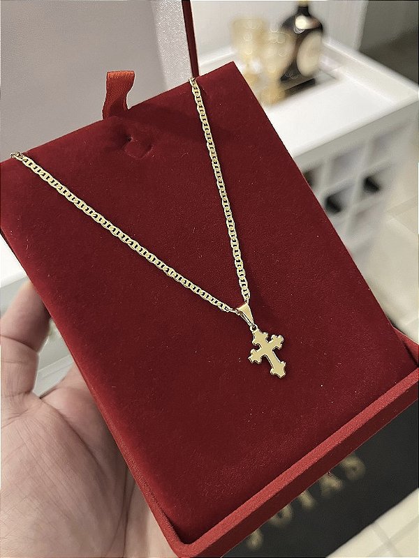 CORRENTE PIASTRINE (2MM - 50, 60cm ou 70cm) + PINGENTE  CRUZ PP - BANHADO A OURO 18k