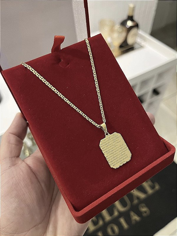 CORRENTE PIASTRINE (2MM - 50, 60cm ou 70cm) + PINGENTE  PLACA PAI NOSSO  - BANHADO A OURO 18k