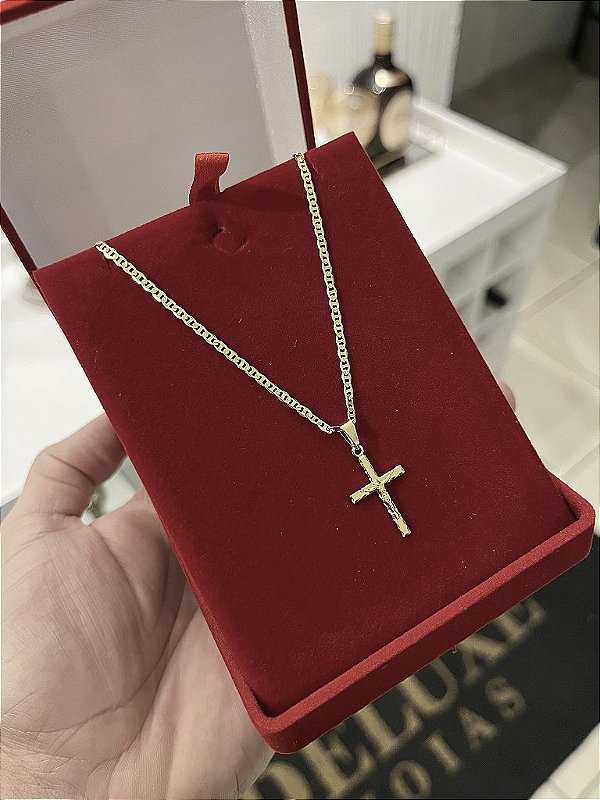 CORRENTE PIASTRINE (2MM - 50, 60cm ou 70cm) + PINGENTE  CRUCIFIXO P  - BANHADO A OURO 18k
