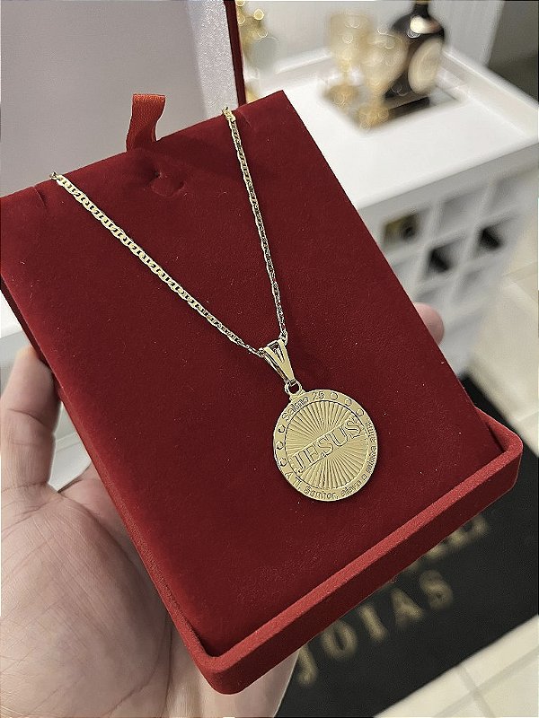 CORRENTE PIASTRINE (2MM - 50, 60cm ou 70cm) + PINGENTE  MEDALHA JESUS 3D  - BANHADO A OURO 18k