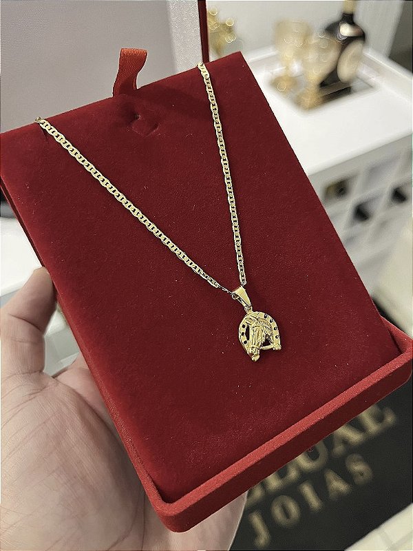 CORRENTE PIASTRINE (2MM - 50, 60cm ou 70cm) + PINGENTE  FERRADURA DE CAVALO  - BANHADO A OURO 18k