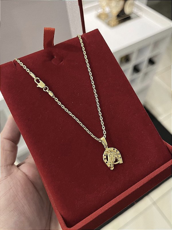 CORRENTE CADEADO (2MM - 50, 60cm ou 70cm) + PINGENTE  FERRADURA DE CAVALO  - BANHADO A OURO 18k