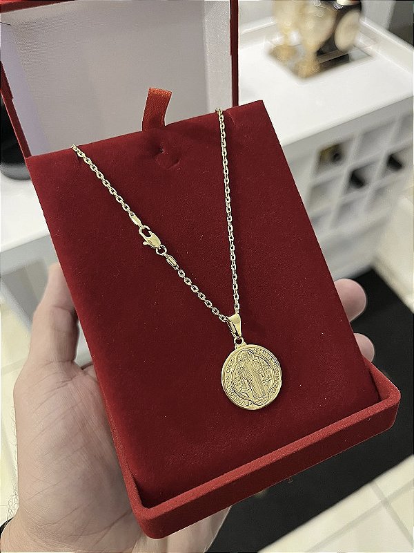 CORRENTE CADEADO (2MM - 50, 60cm ou 70cm) + PINGENTE MEDALHA  SÃO BENTO DUPLA FACE  - BANHADO A OURO 18k