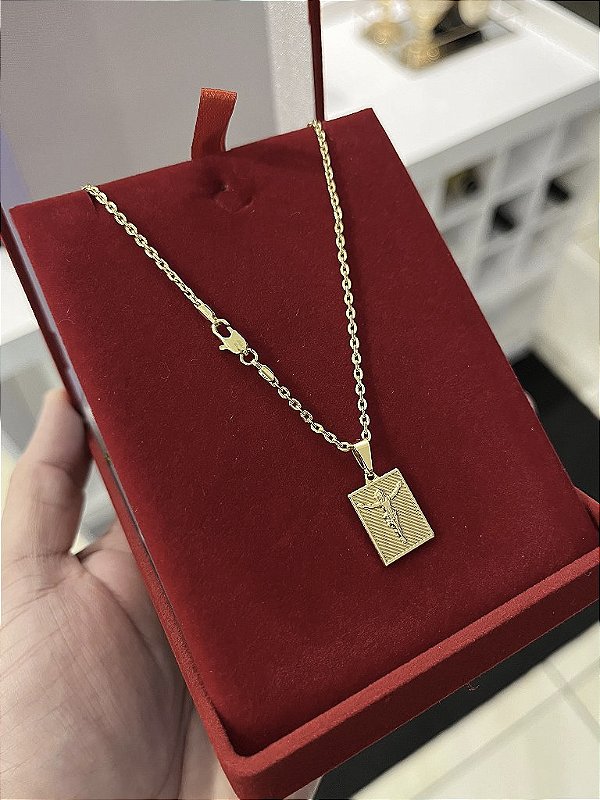 CORRENTE CADEADO (2MM - 50, 60cm ou 70cm) + PINGENTE PLACA COM CRUCIFIXO  - BANHADO A OURO 18k