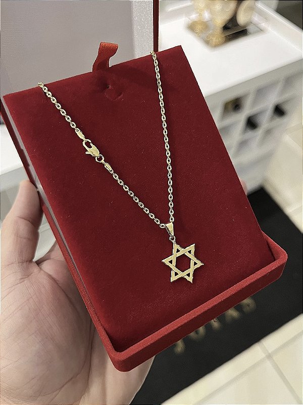 CORRENTE CADEADO (2MM - 50, 60cm ou 70cm) + PINGENTE ESTRELA DE DAVI VAZADA - BANHADO A OURO 18k