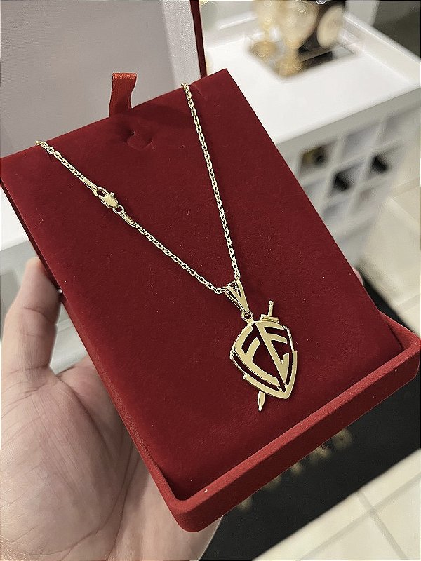 CORRENTE CADEADO (2MM - 50, 60cm ou 70cm) + PINGENTE ESCUDO DA FÉ  - BANHADO A OURO 18k