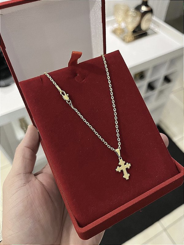 CORRENTE CADEADO (2MM - 50, 60cm ou 70cm) + PINGENTE CRUZ PP  - BANHADO A OURO 18k