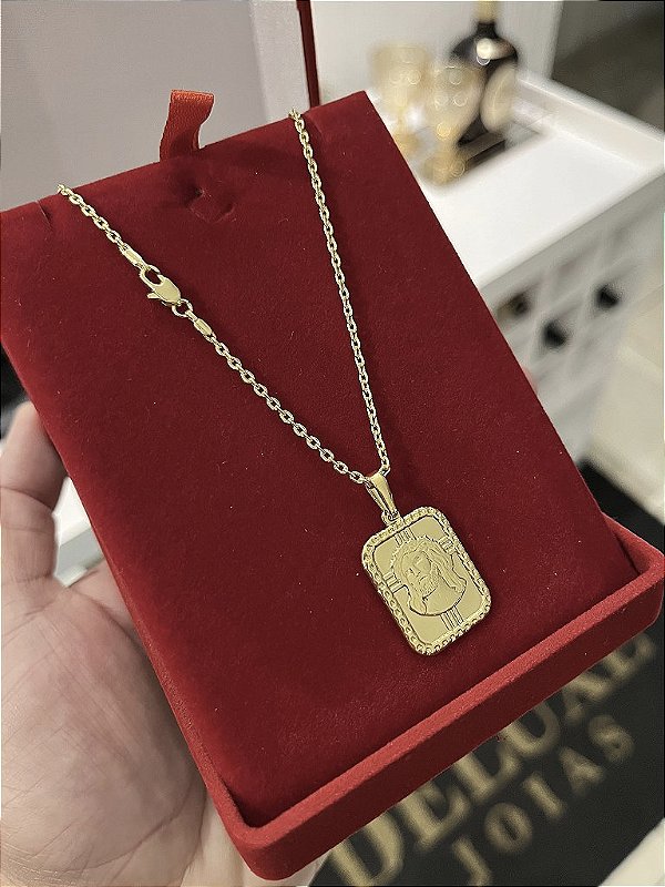CORRENTE CADEADO (2MM - 50, 60cm ou 70cm) + PINGENTE PLACA ROSTO DE JESUS CRISTO   - BANHADO A OURO 18k