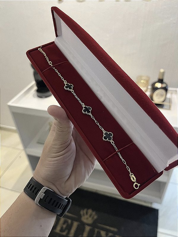 PULSEIRA TREVO BLACK (1.5mm) Escolha  17cm a 21cm - Banhado a Ouro 18K