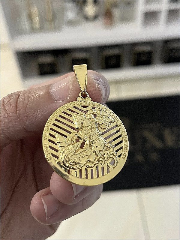 Pingente medalha São  Jorge detalhado Grande .( 9g- 3,5x3,5cm) (G) - BANHO DE OURO 18k