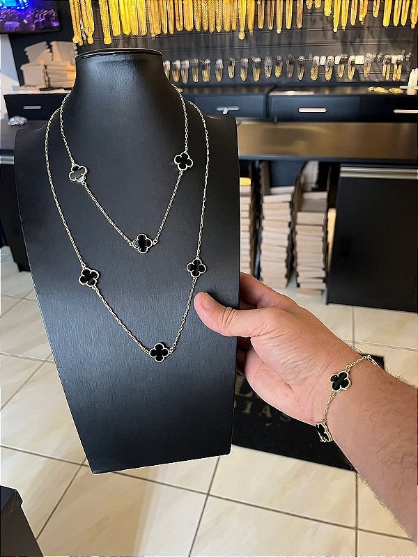 CORRENTE  TREVO BLACK  (2mm -50cm)  + PULSEIRA TREVO BLACK   FECHO GAVETA  2mm -20cm)  - BANHADO A OURO 18K