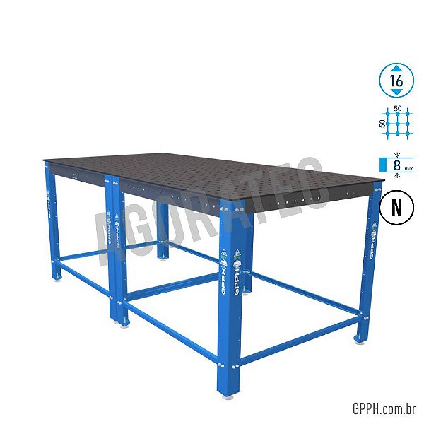 MESA DE SOLDA S16 2000x1000 mm NITRETADA - BANCADA GPPH DIY  - c/ 8x Pé básico GPDY200100.16.2.N