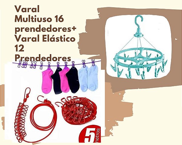 Varal Elástico c/ 12 prendedores + Varal 16 Prendedores