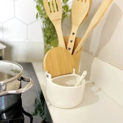 Saleiro Porcelana tampa de Bambu c/colher