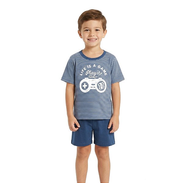 Pijama Infantil Masculino Com Manga Azul Life Is a Game Sleep