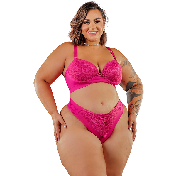 Conjunto Plus Size Tanga Com Bojo Rendado Poliamida