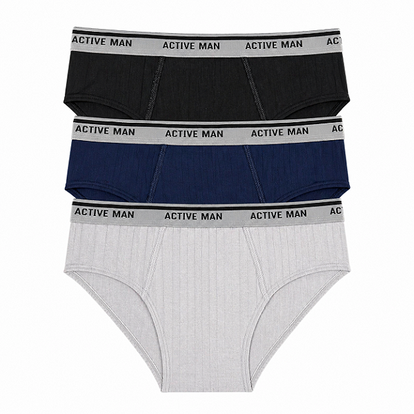 Kit C/3 Cueca Slip Plus Size em Algodão Suedine Canelado Active Men