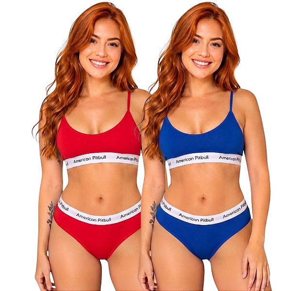 Kit 2 Conjunto Calcinha e Sutiã Poliéster sem Bojo Americano Liso American Pitbull