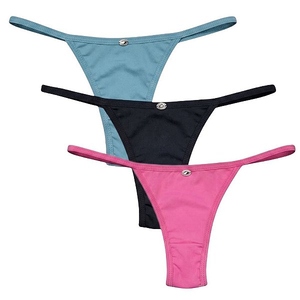 Kit 3 Calcinhas Tanga Ana Tira Fio Cores Sortidas com Detalhe em Strass e Poliamida