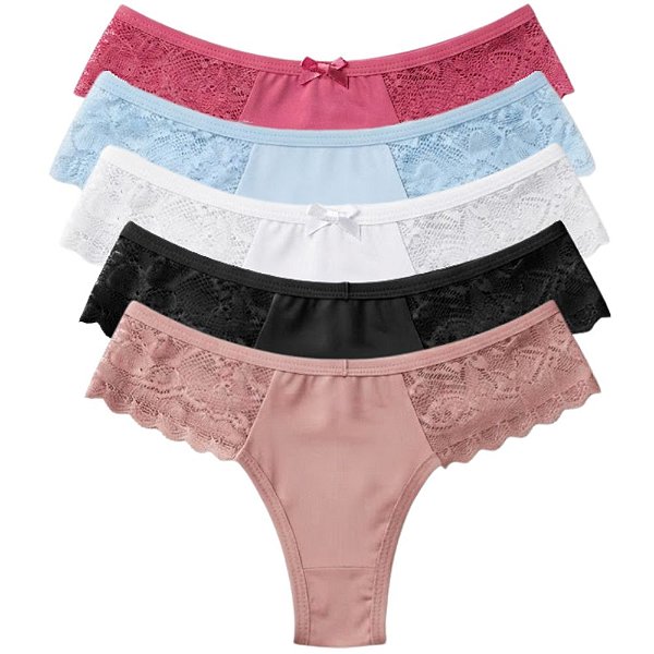 Kit 5 Calcinhas Fio Duplo com Detalhe em Renda Cores Sortidas Poliamida