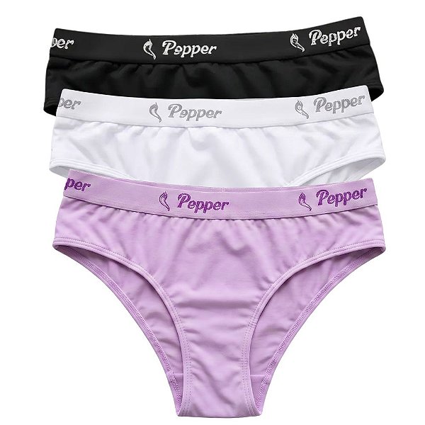 Kit 3 Calcinhas Biquíni Cós Largo Elástico Algodão Confortável Ref.: 010 Pepper