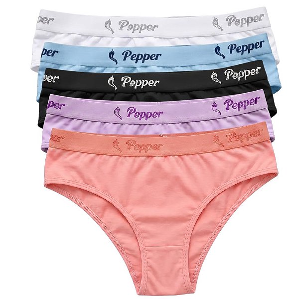 Kit 5 Calcinhas Biquíni Cós Largo Elástico Algodão Confortável Ref.: 010 Pepper