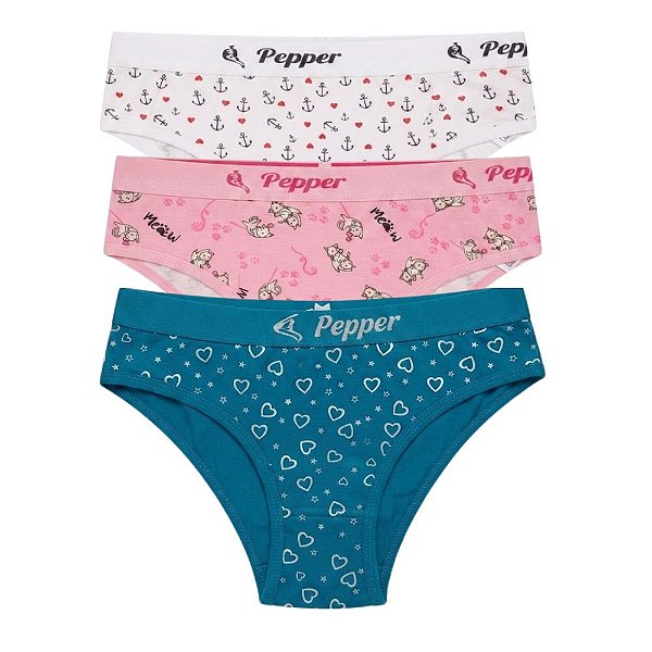 Kit 3 Calcinhas Cós Largo Elástico Algodão Sortidos Estampadas Ref.: 010 Pepper