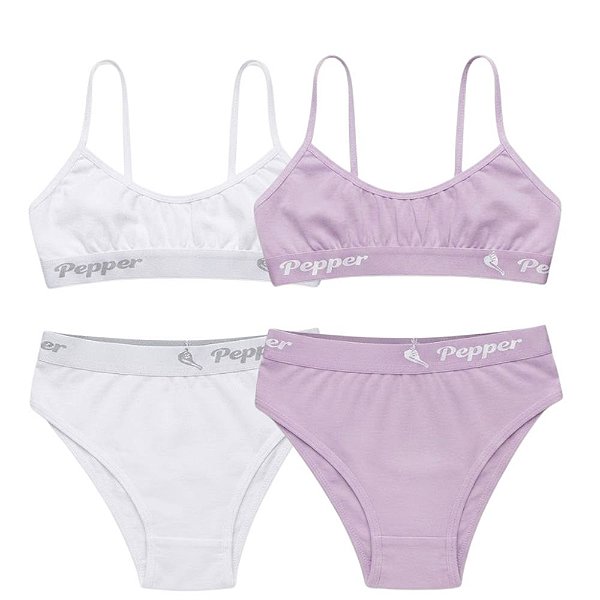 Kit 2 Conjuntos Calcinha e Sutiã Juvenil Infantil Algodão com Elastano Cores Sortidas Pepper