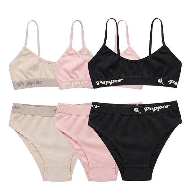 Kit 3 Conjuntos Calcinha e Sutiã Juvenil Infantil Algodão com Elastano Cores Sortidas Pepper