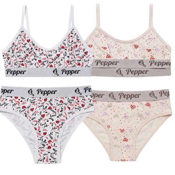 Kit 2 Conjuntos Calcinha e Sutiã Juvenil Infantil Algodão Estampas Sortidas Pepper