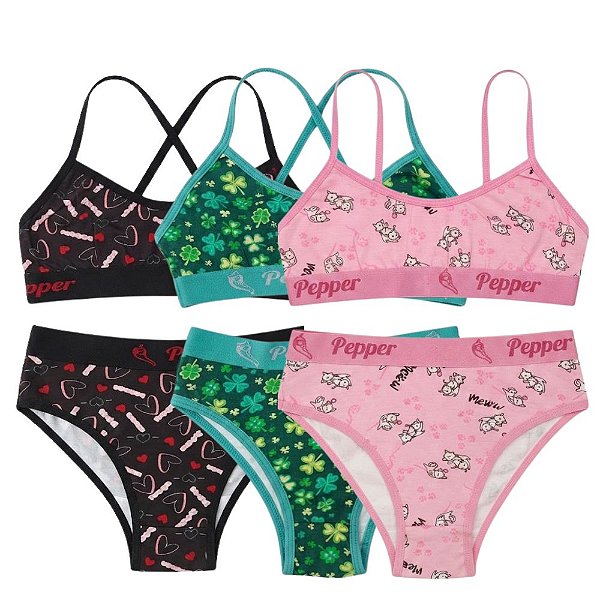 Kit 3 Conjuntos Calcinha e Sutiã Juvenil Infantil Algodão Estampas Sortidas Pepper